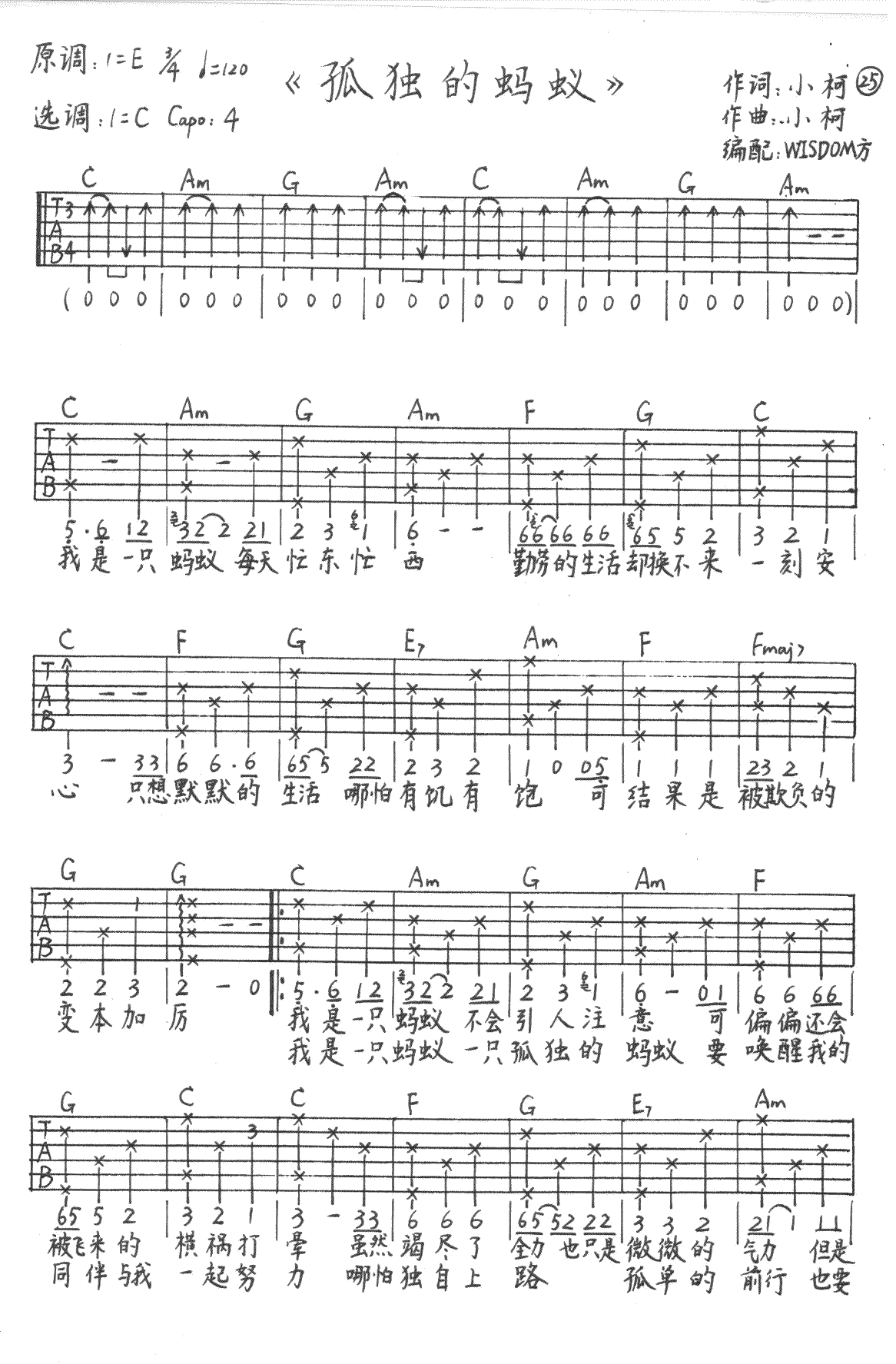 孤独的蚂蚁吉他谱_潘粤明_大人物_插曲_弹唱视频