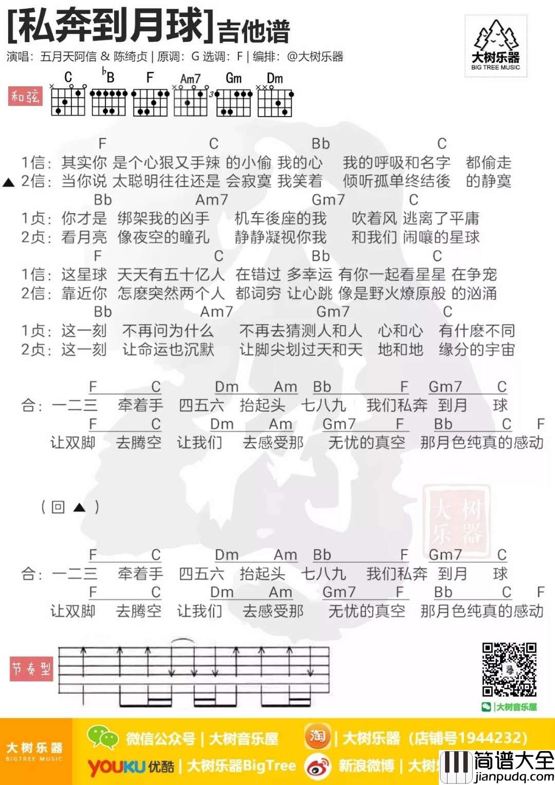 私奔到月球_F调吉他谱_五月天,陈绮贞