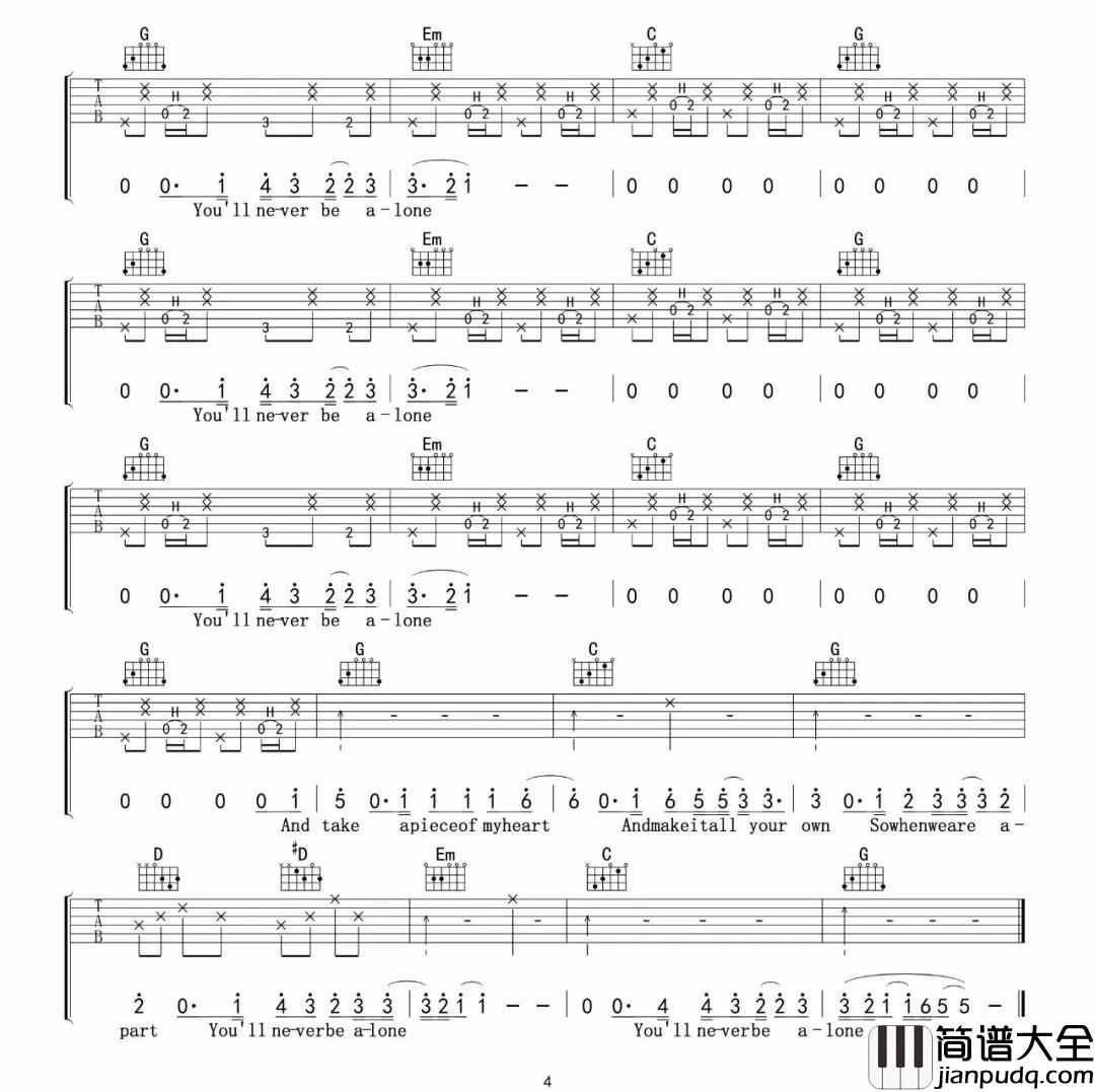 _Never_Be_Alone_吉他谱_Shawn_Mendes_G调原版弹唱六线谱