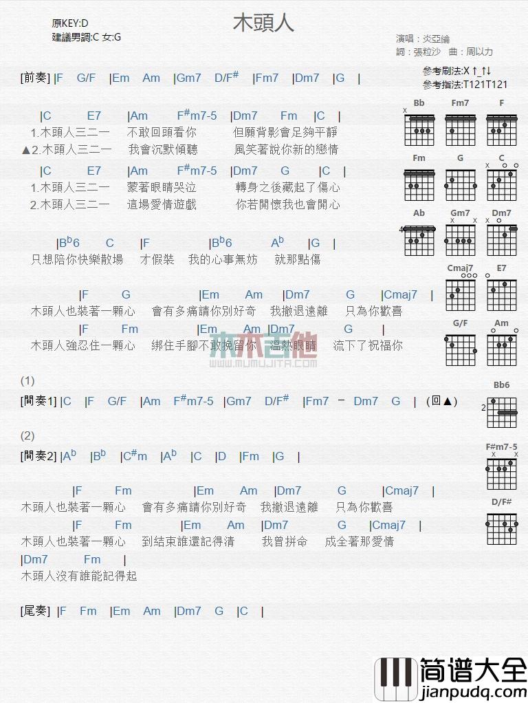 木头人_吉他谱_炎亚纶