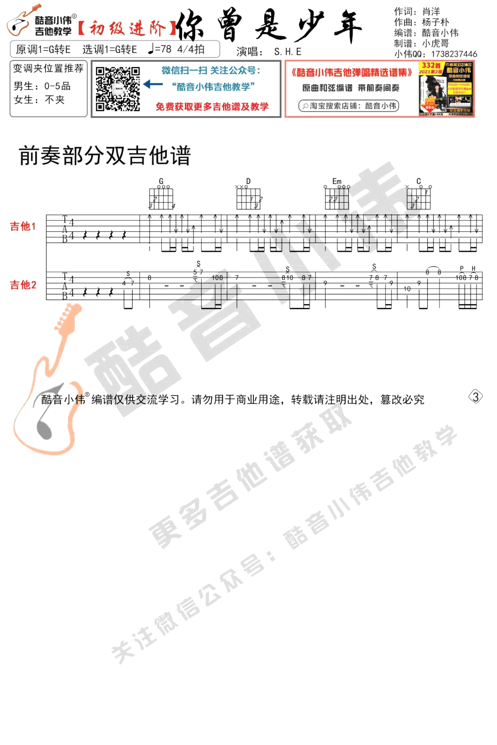 你曾是少年吉他谱_S.H.E_带双吉他前奏_初级进阶弹唱教学