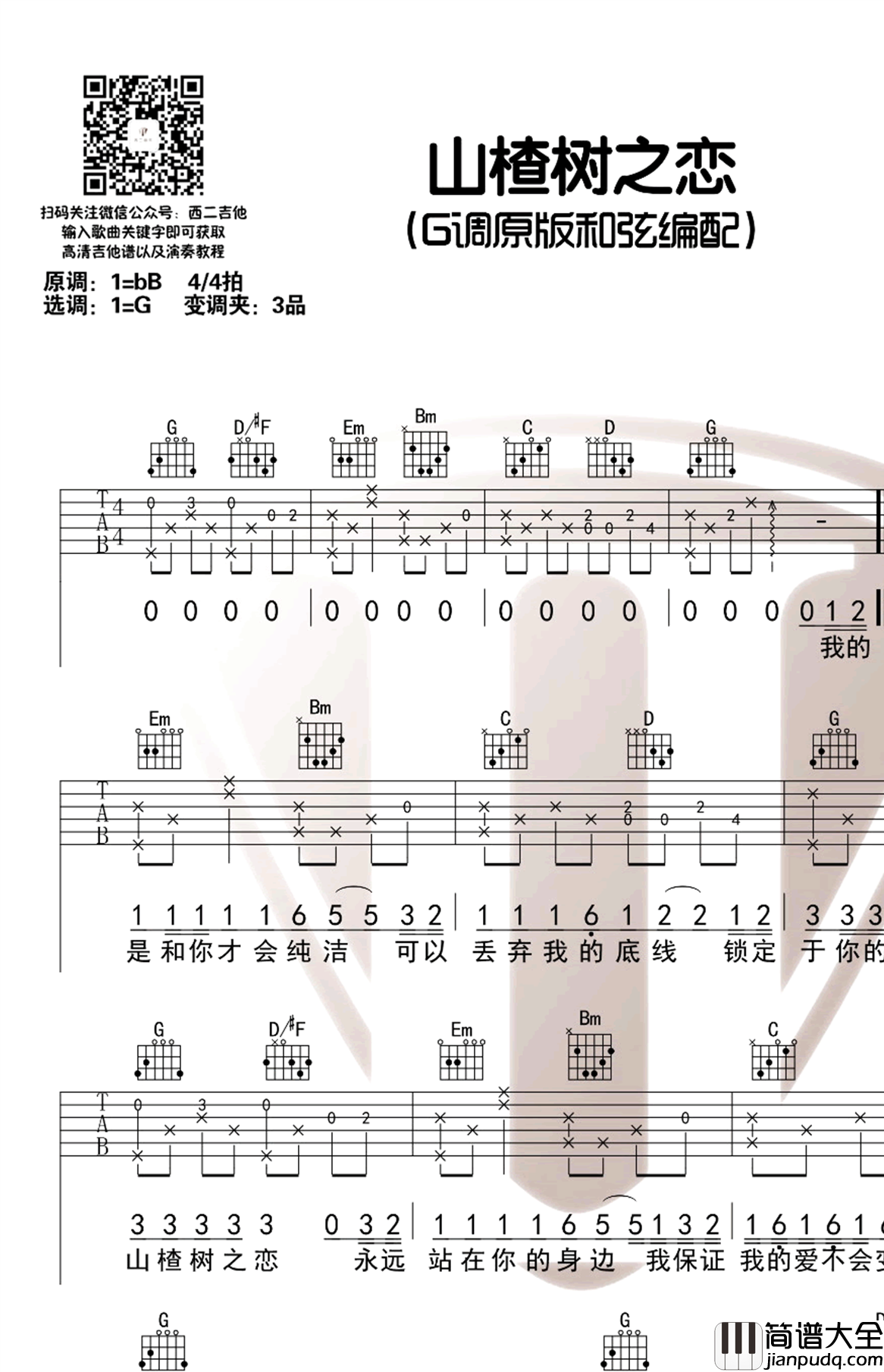 _山楂树之恋_吉他谱_大能人_G调原版_弹唱六线谱_图片谱