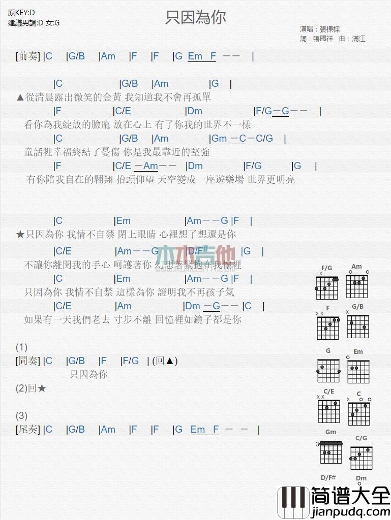 只因为你_吉他谱_张栋梁