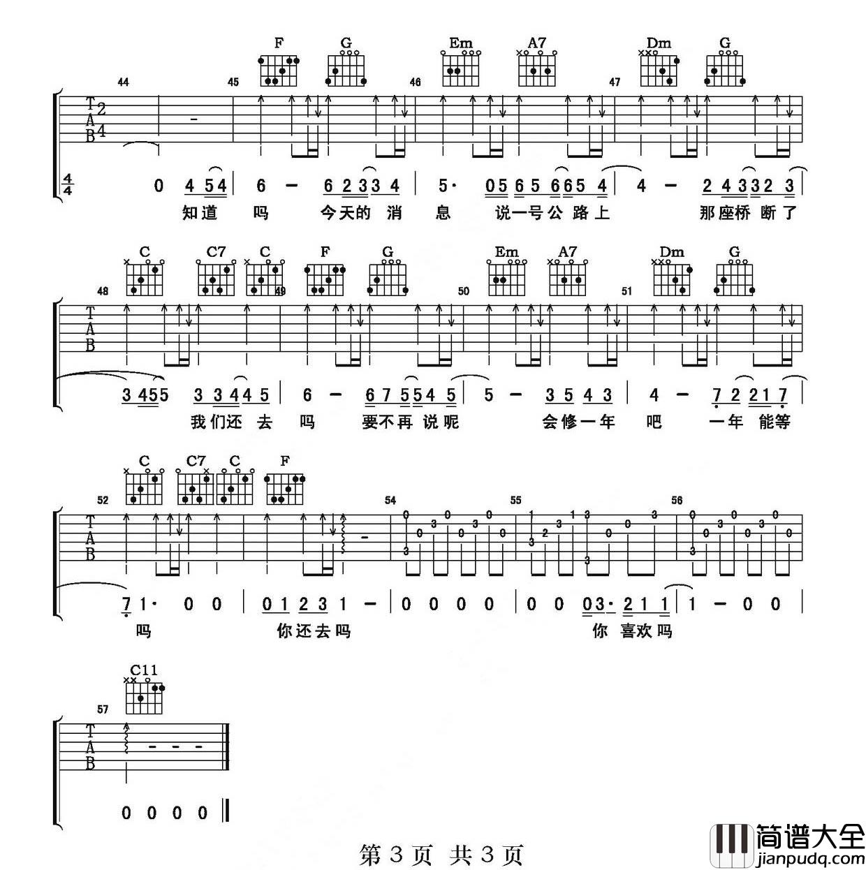 _我喜欢上你时的内心活动_吉他谱_陈绮贞_C调原版弹唱六线谱