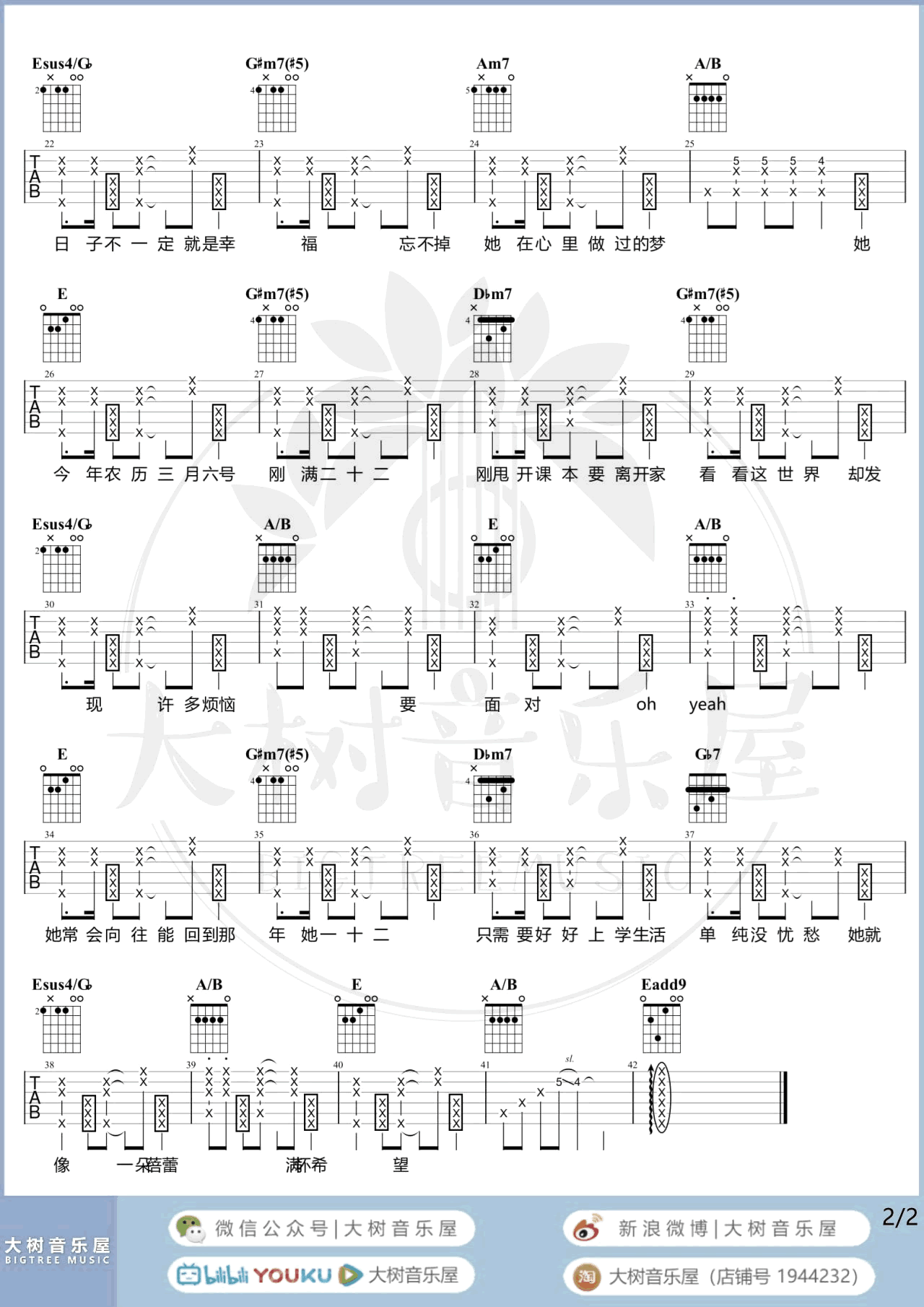 二十二吉他谱_陶喆_E调指法_吉他弹唱演示+教学视频