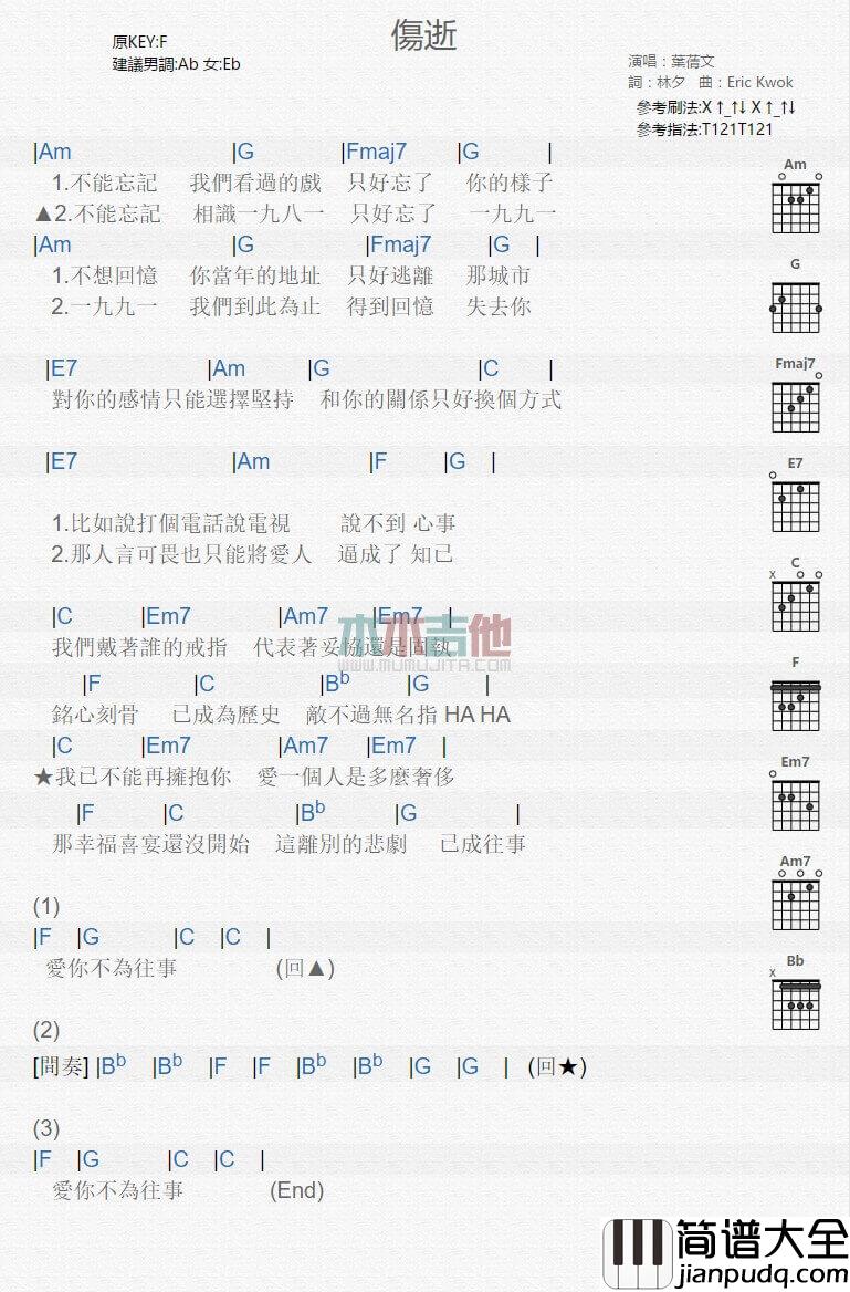 伤逝吉他谱_F调_叶倩文