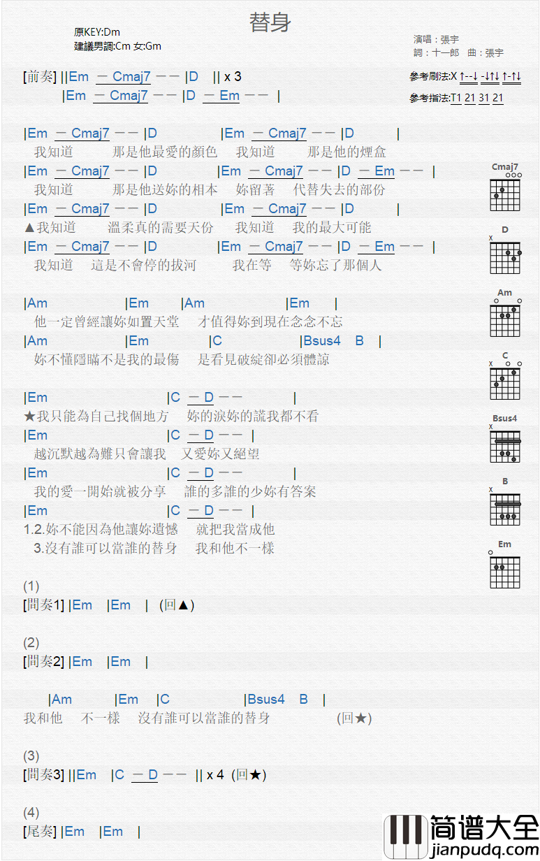 替身_吉他谱_张宇