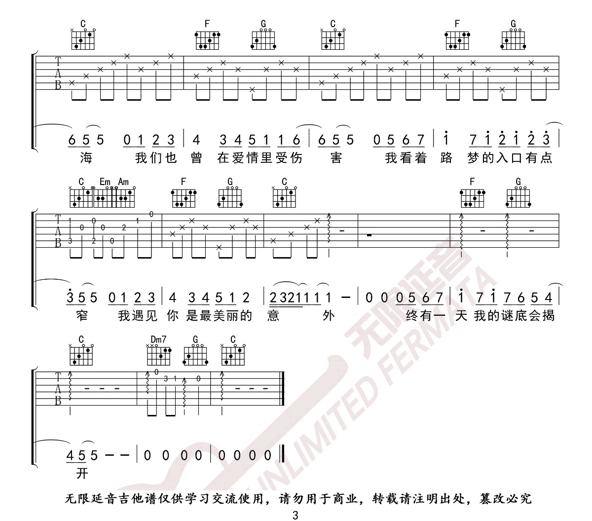 遇见吉他谱_孙燕姿__遇见_C调男生版弹唱六线谱