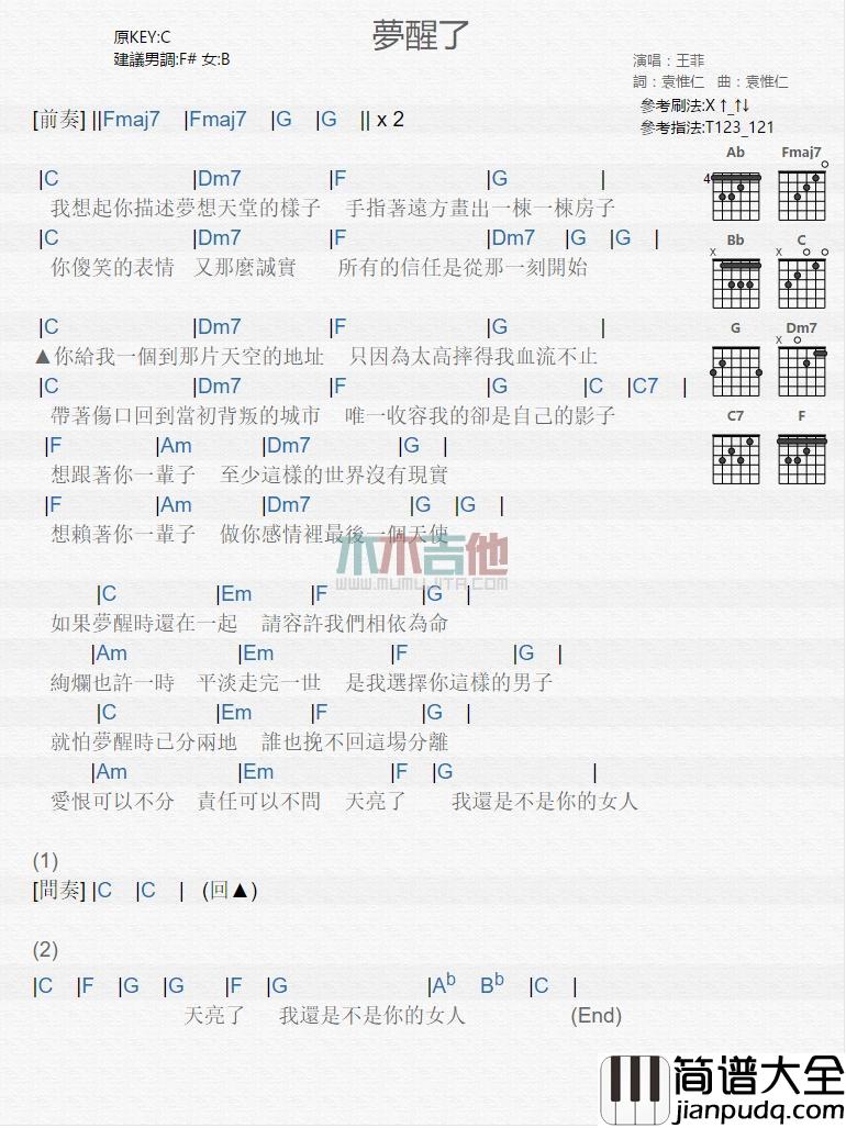 梦醒了_吉他谱_王菲
