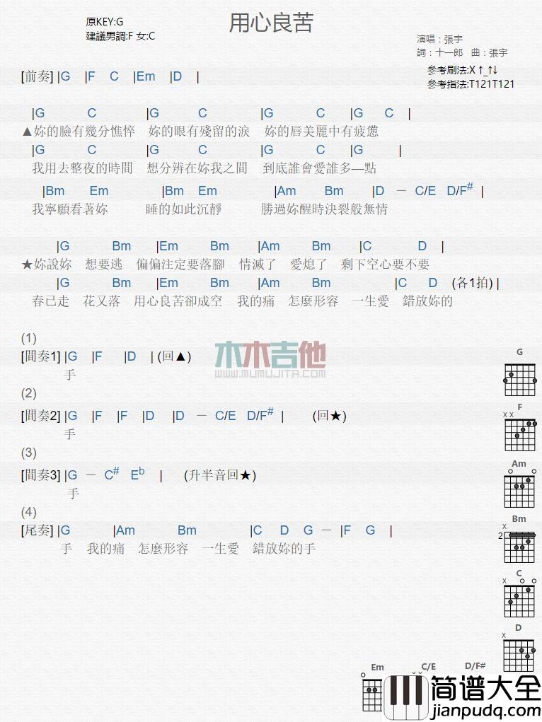 用心良苦_吉他谱_张宇