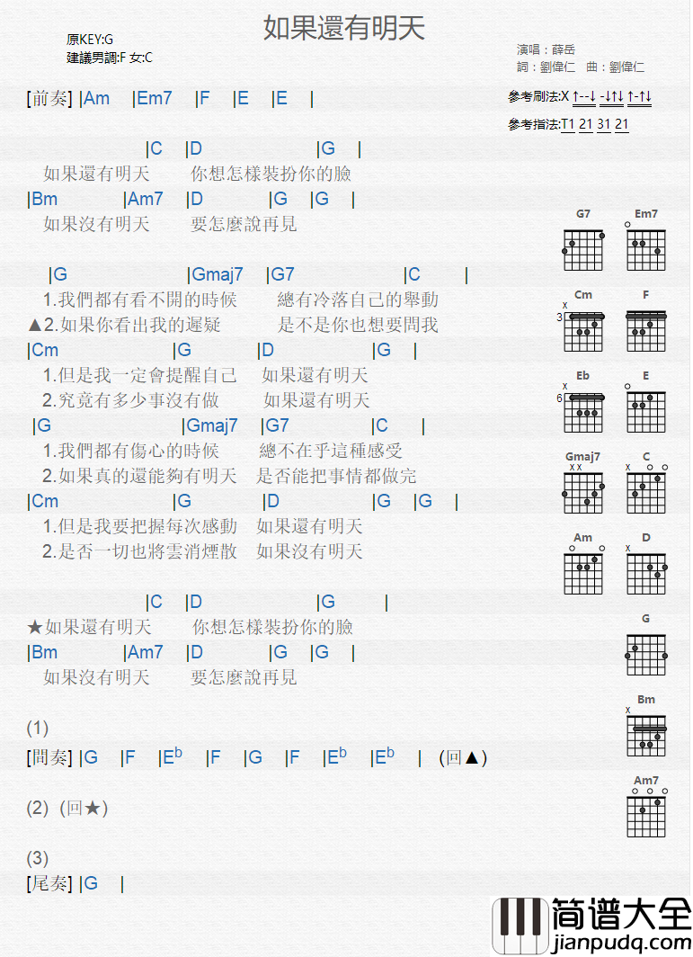 如果还有明天_吉他谱_薛岳