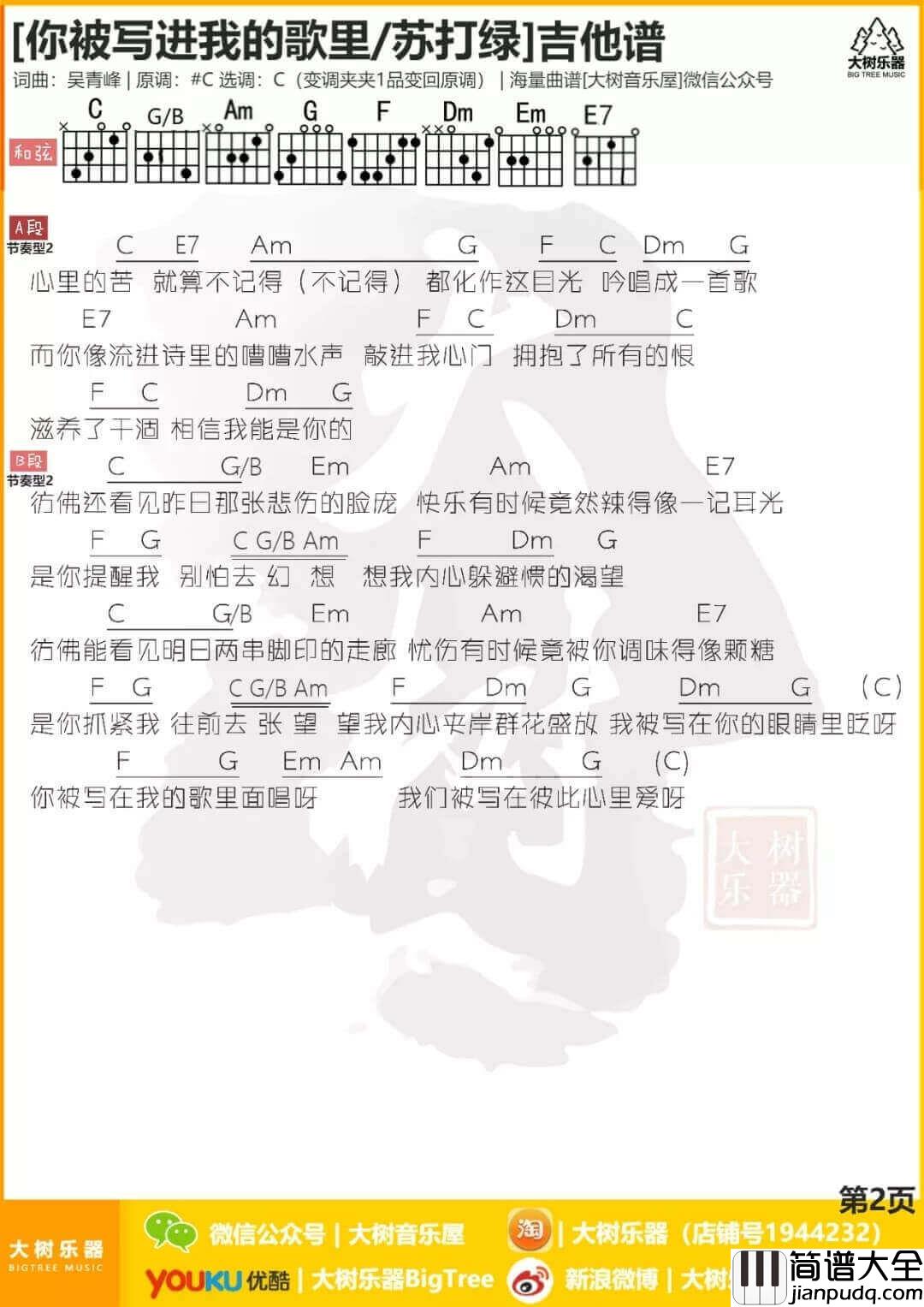 你被写进我的歌里吉他谱_C调_苏打绿