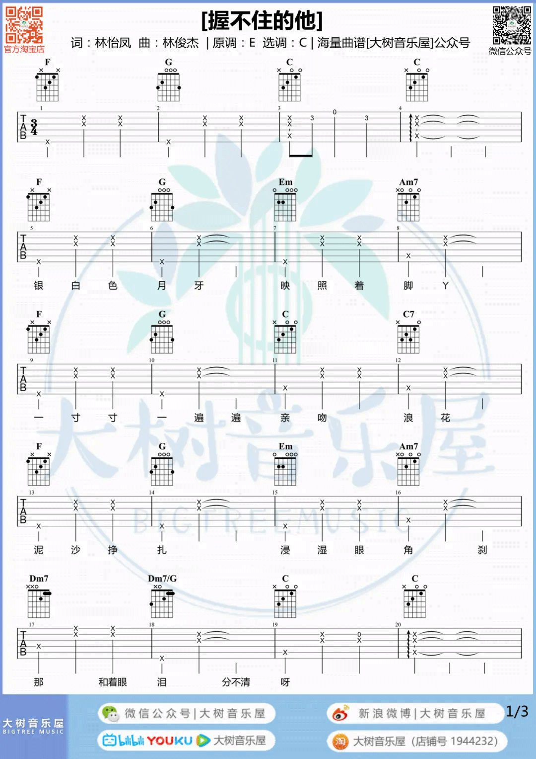 _握不住的他_吉他谱_萧萧/林俊杰_C调六线谱_吉他弹唱教学