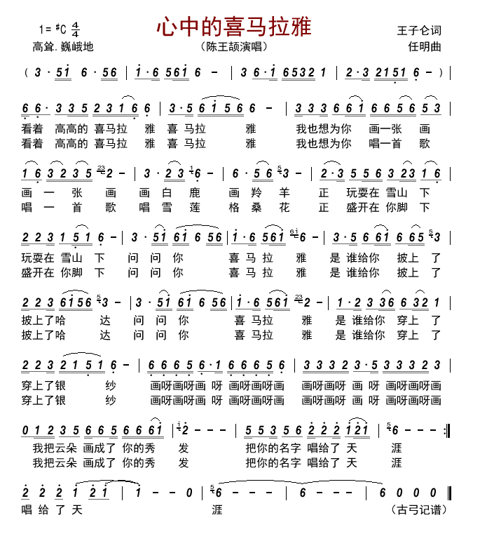 心中的喜马拉雅_C调吉他谱_陈王颉