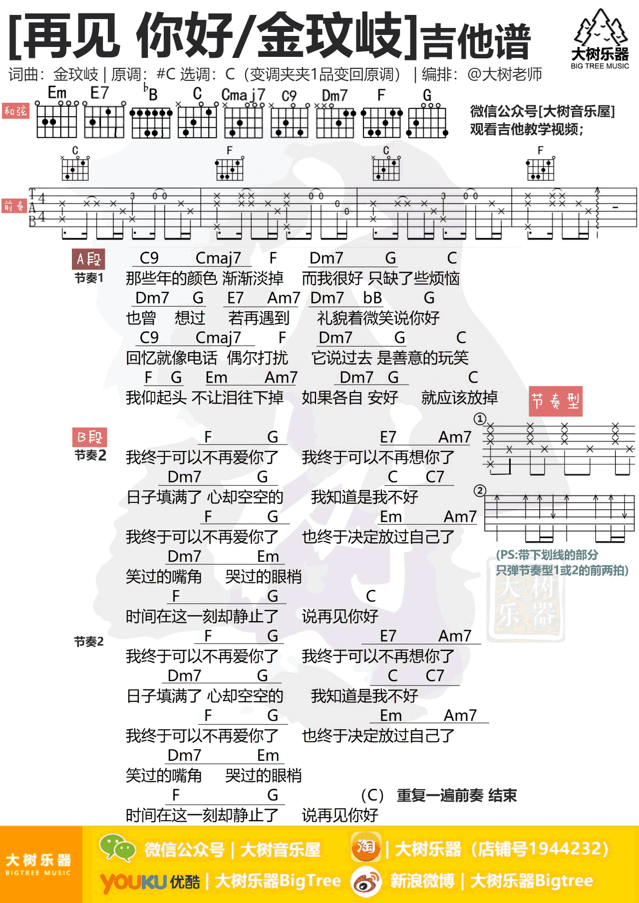 再见你好吉他谱_金玟岐_C调弹唱谱_吉他教学视频