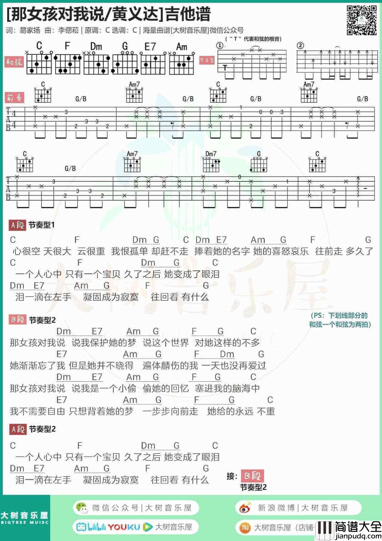 那女孩对我说吉他谱_黄义达_C调带前奏_弹唱谱