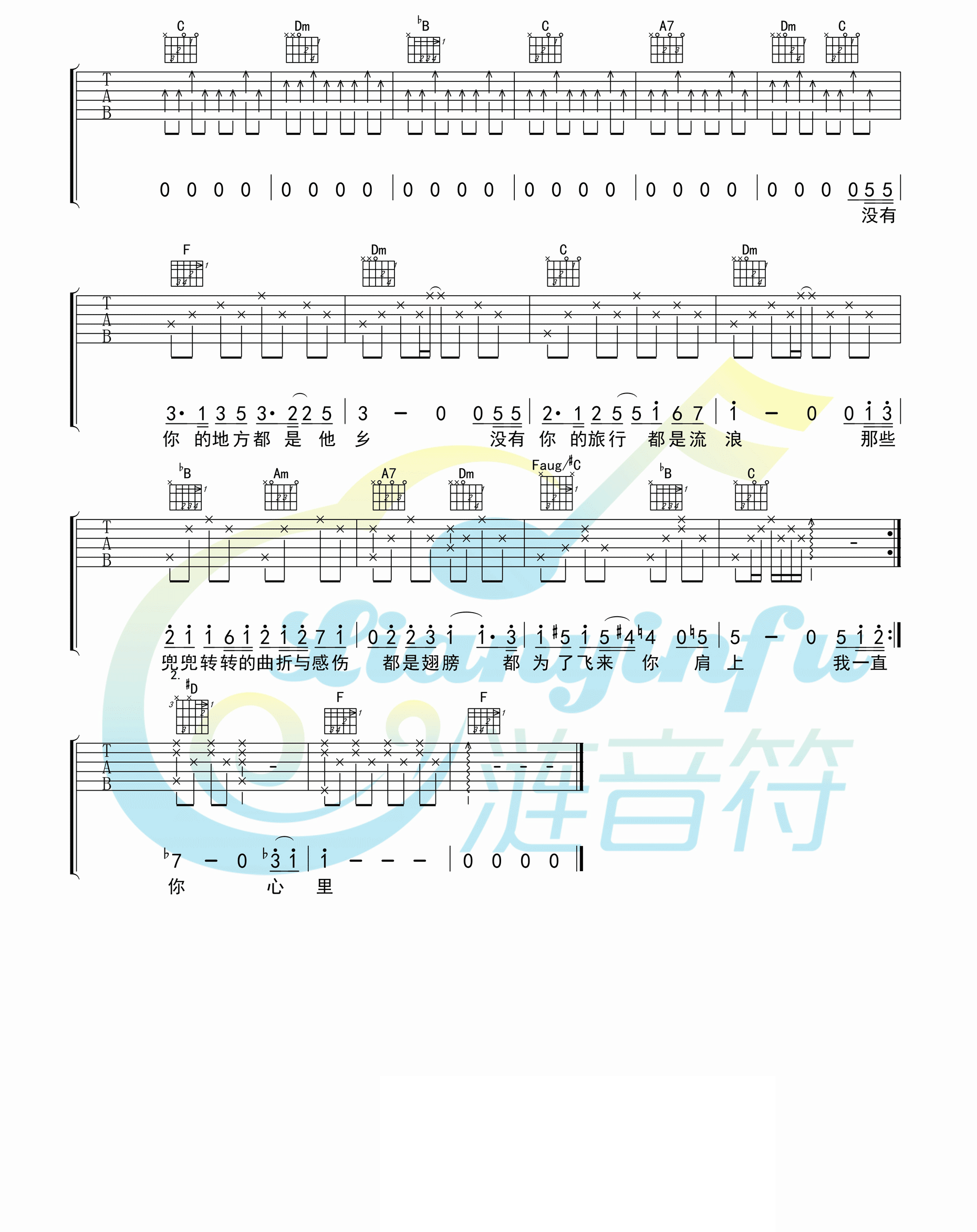 _你在终点等我_吉他谱_王菲_F调弹唱六线谱