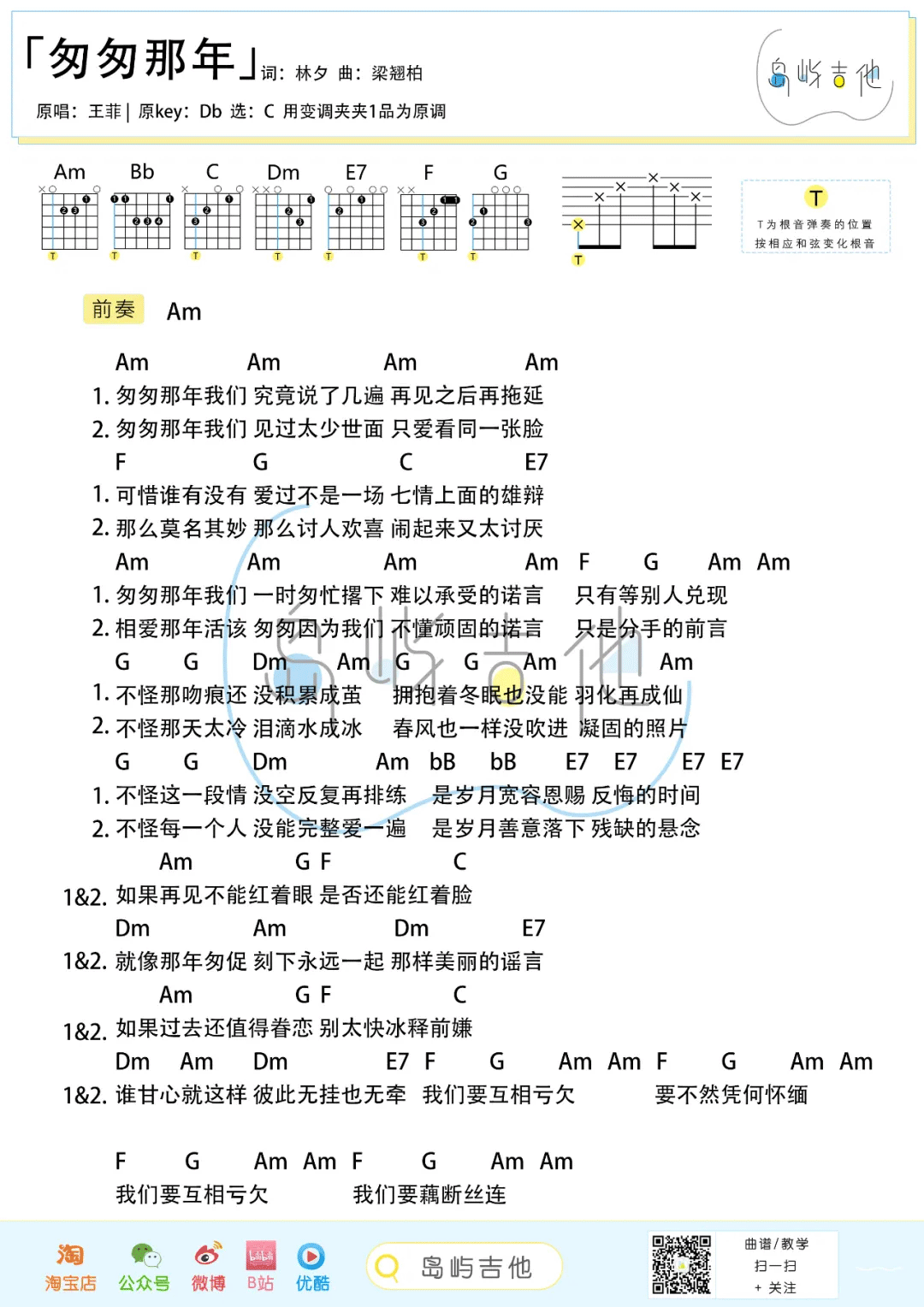_匆匆那年_吉他谱_王菲_C调简单版弹唱六线谱