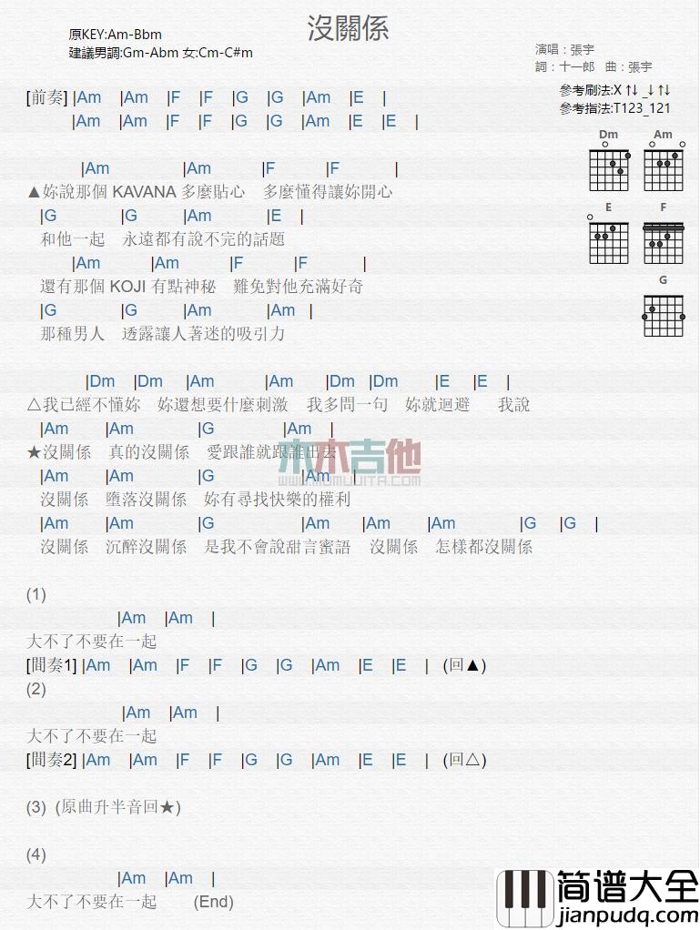 没关系_吉他谱_张宇