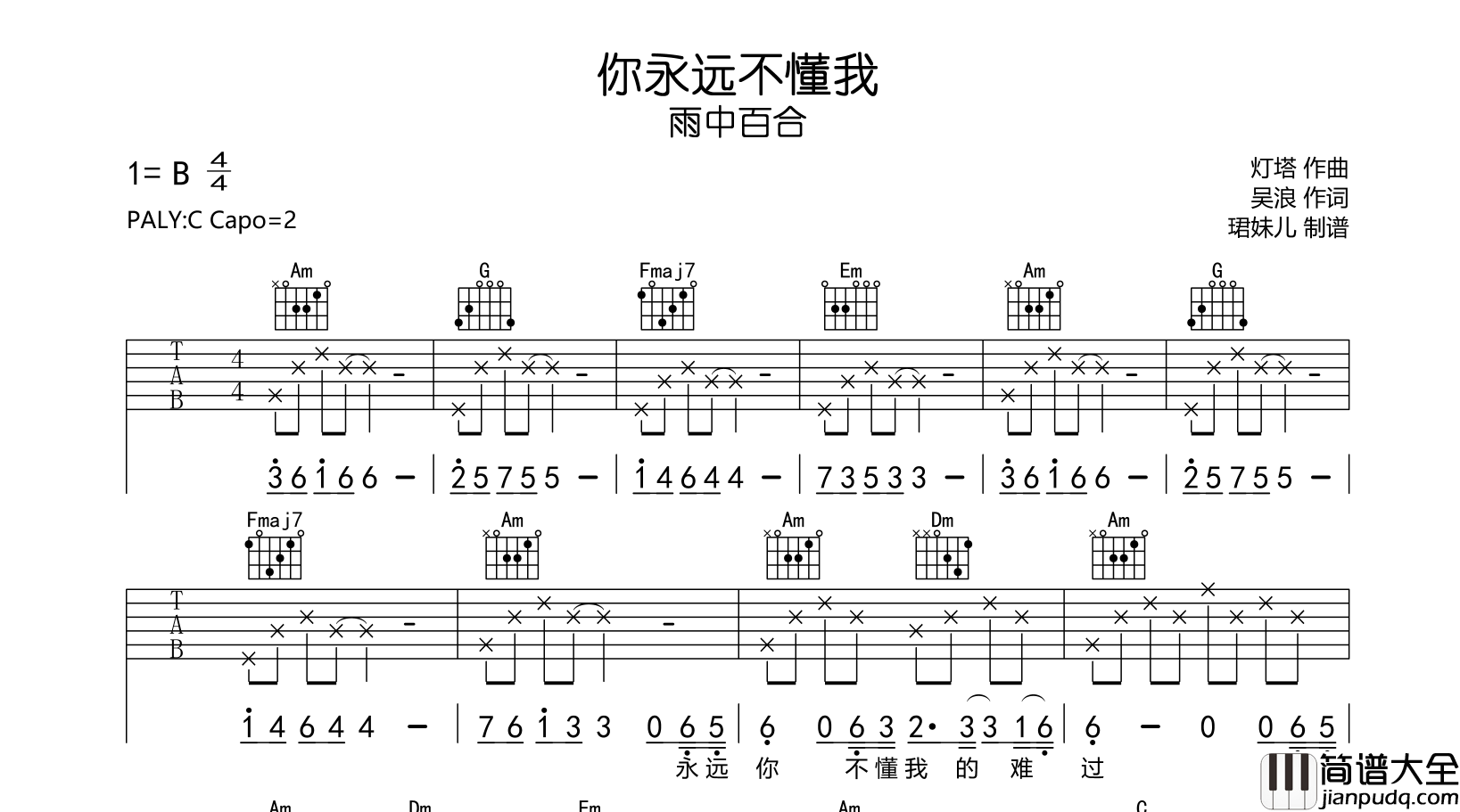 _你永远不懂我_吉他谱_雨中百合_C调原版吉他谱