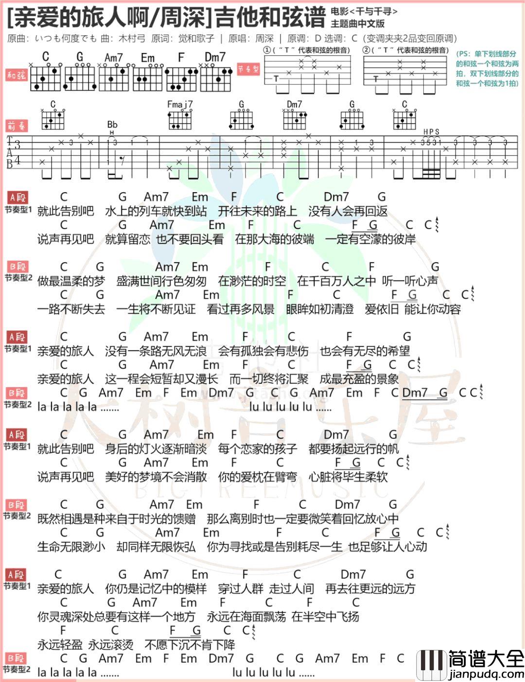 _亲爱的旅人啊_吉他谱+视频教学_周深_电影_千与千寻_主题曲