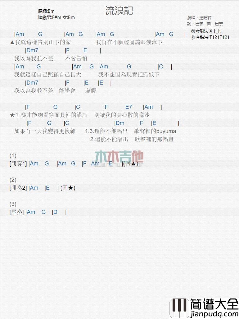 流浪记_吉他谱_纪晓君