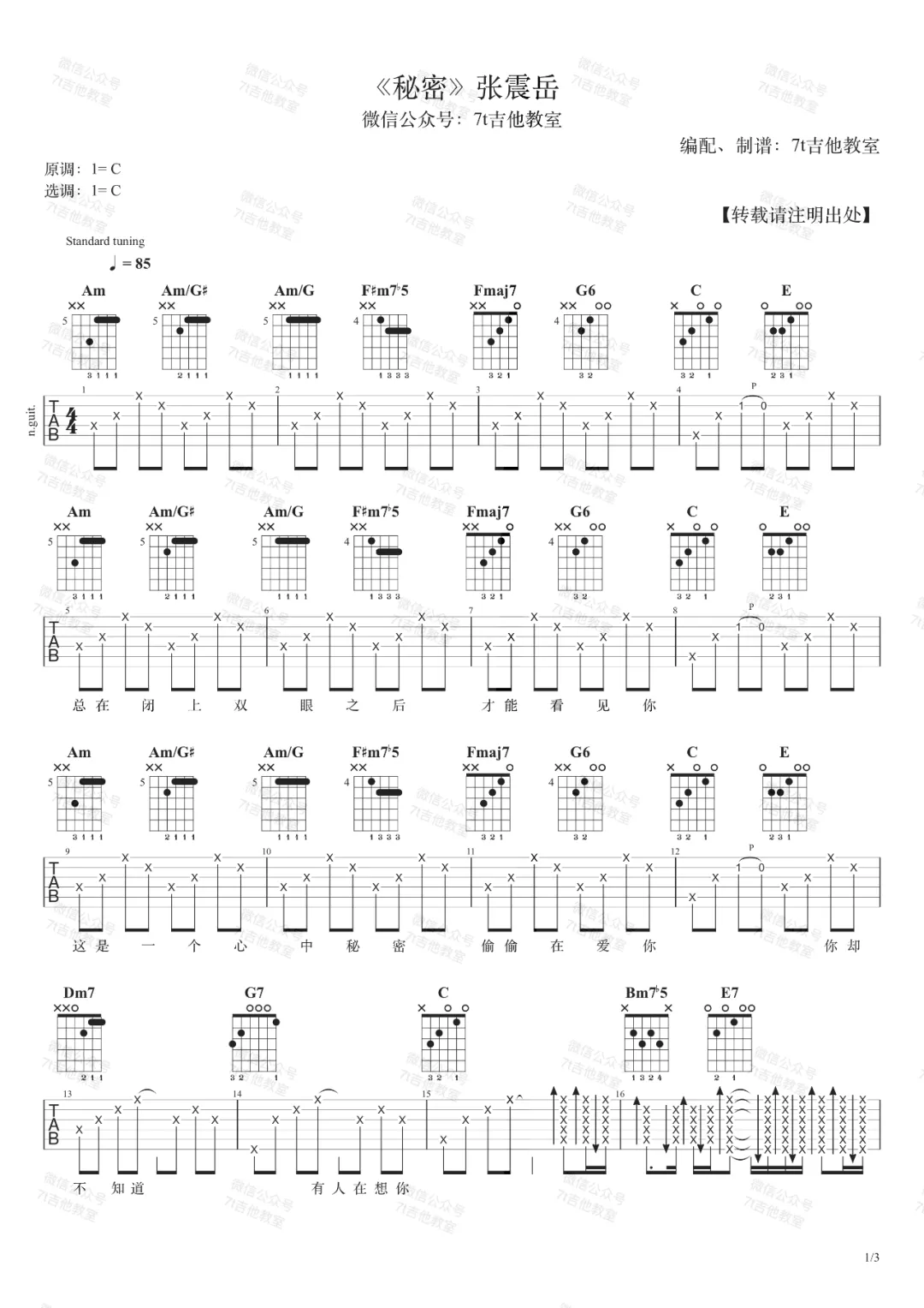 秘密吉他谱_张震岳__秘密_C调弹唱六线谱