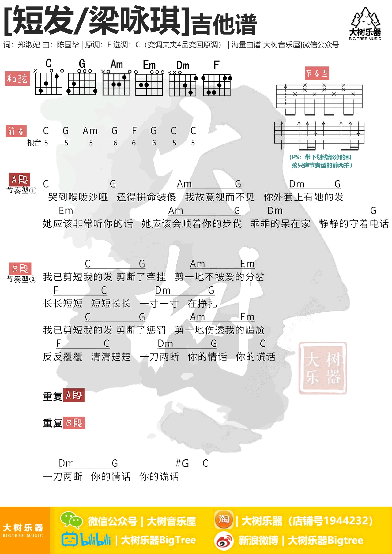 短发吉他谱_梁咏琪/张靓颖_C调弹唱谱_梦想的声音