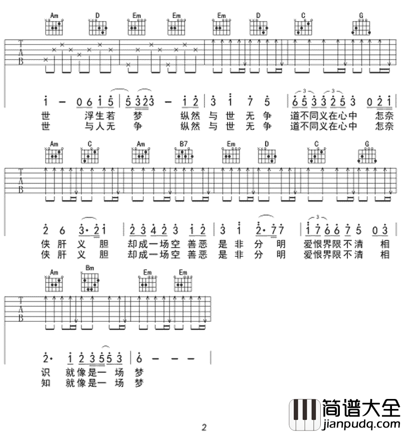 醉梦前尘吉他谱_G调六线谱_简单版_林志炫