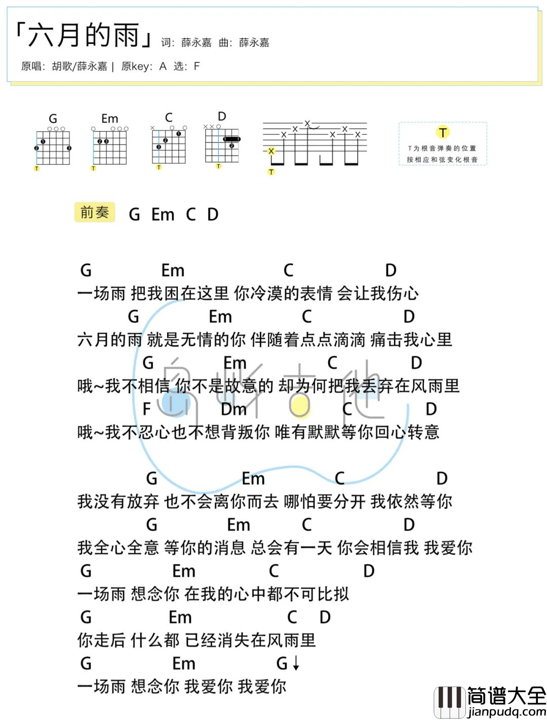 六月的雨吉他谱_胡歌__F调简易版_仙剑奇侠传_插曲