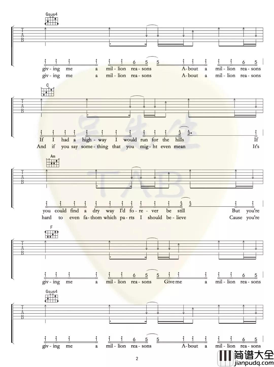 Million_Reasons吉他谱_C调扫弦版_吴先生编配_lady_gaga