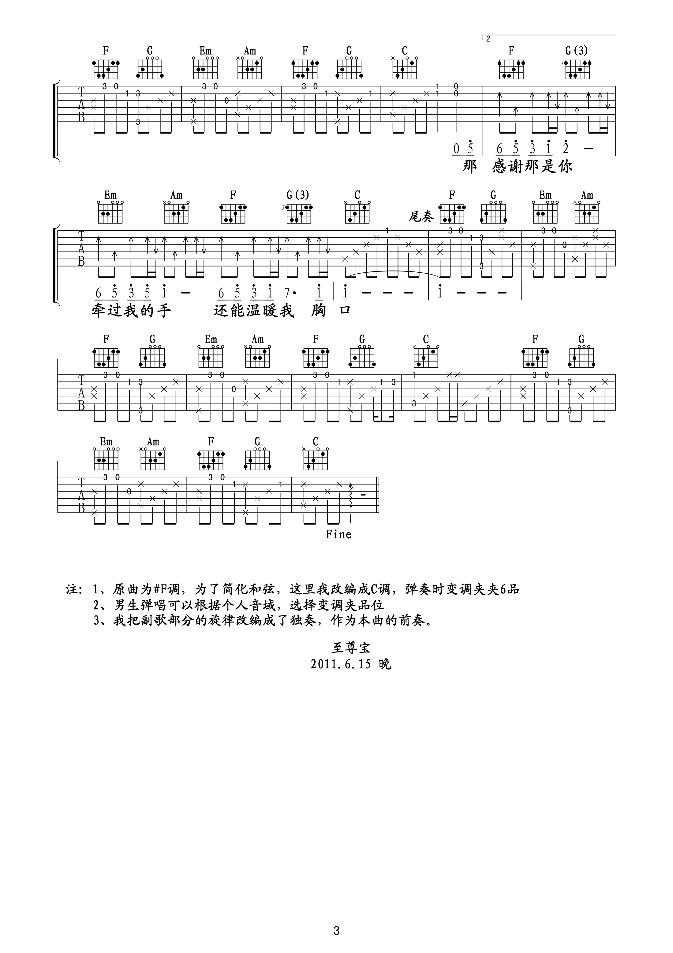 可惜不是你吉他谱_梁静茹_C调原版编配