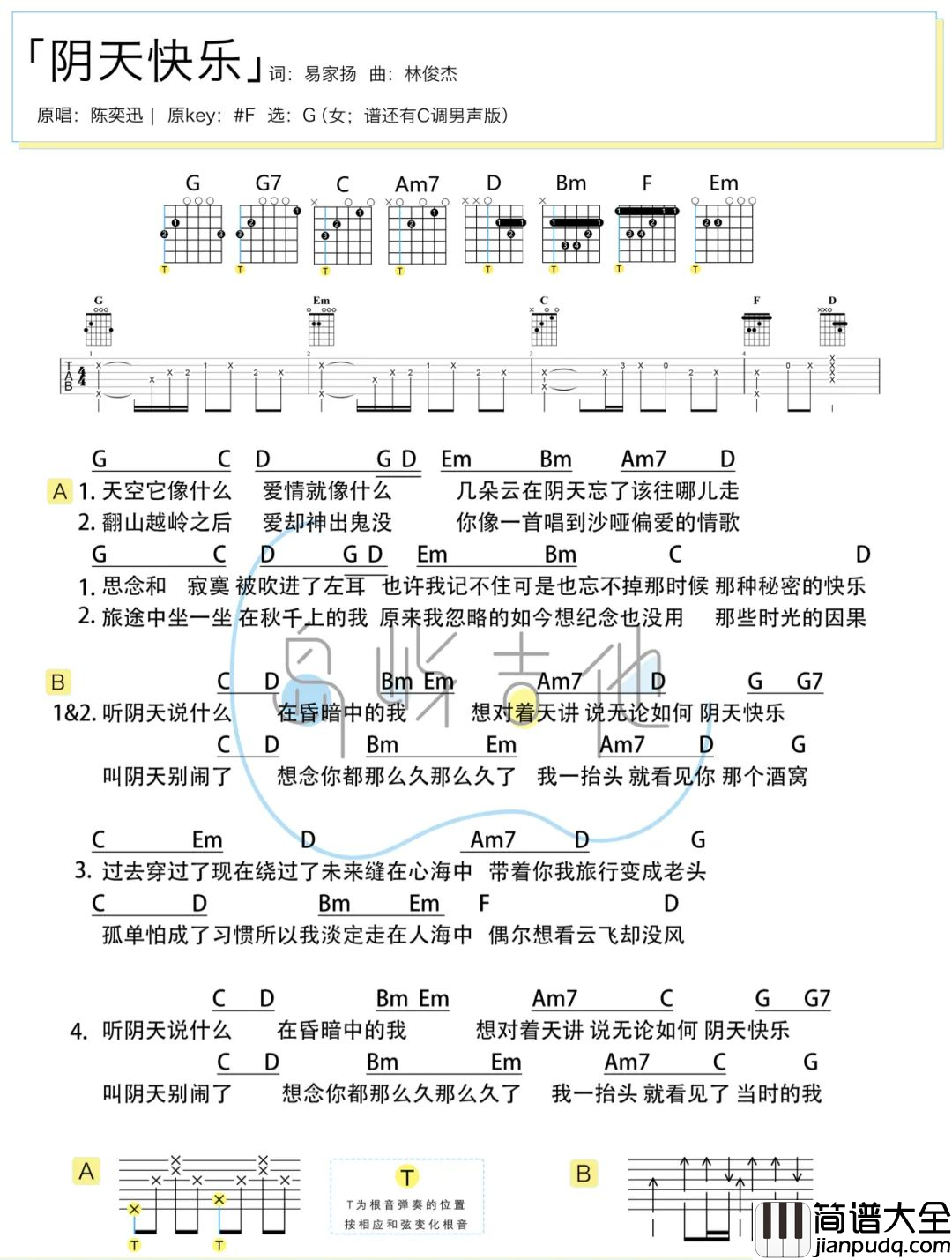 阴天快乐吉他谱_陈奕迅_G调男女原版_附女生演示教学