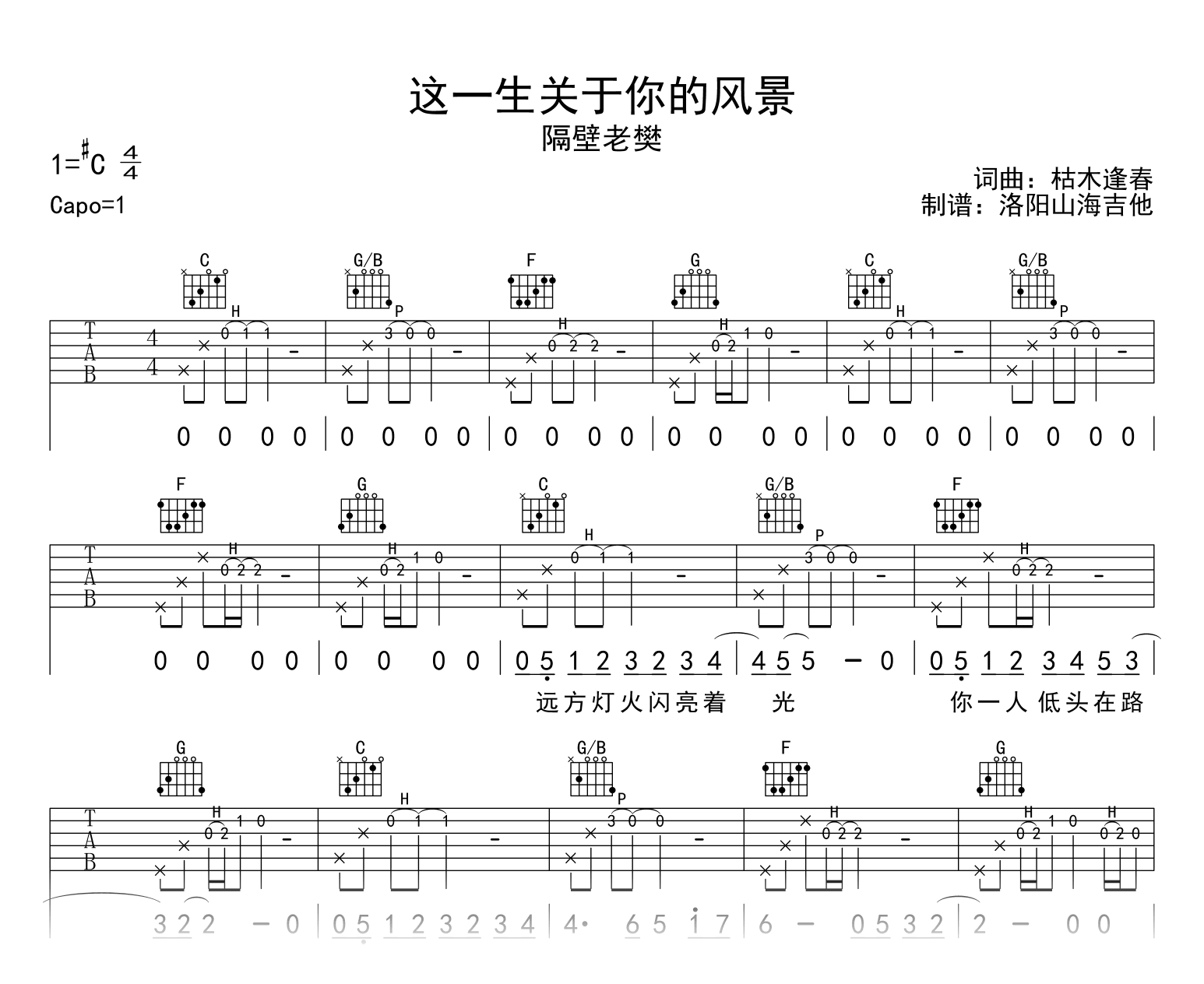 这一生关于你的风景吉他谱_C调原版_隔壁老樊_高清弹唱谱