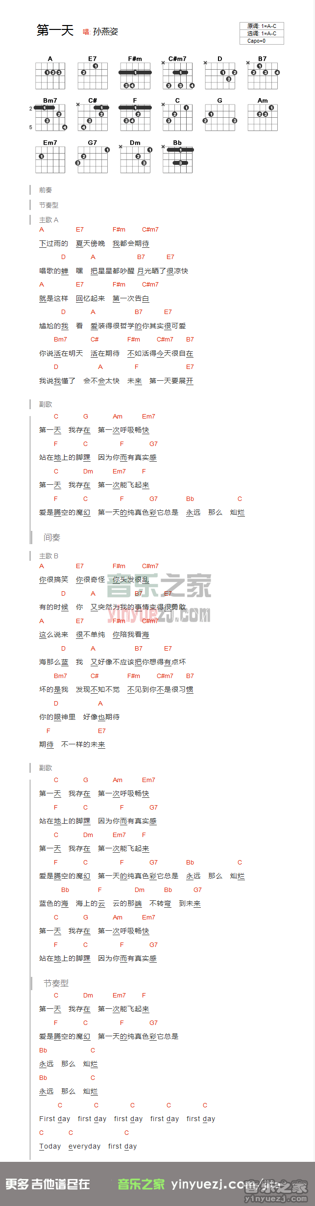 第一天吉他谱_C调和弦谱_音乐之家编配_孙燕姿