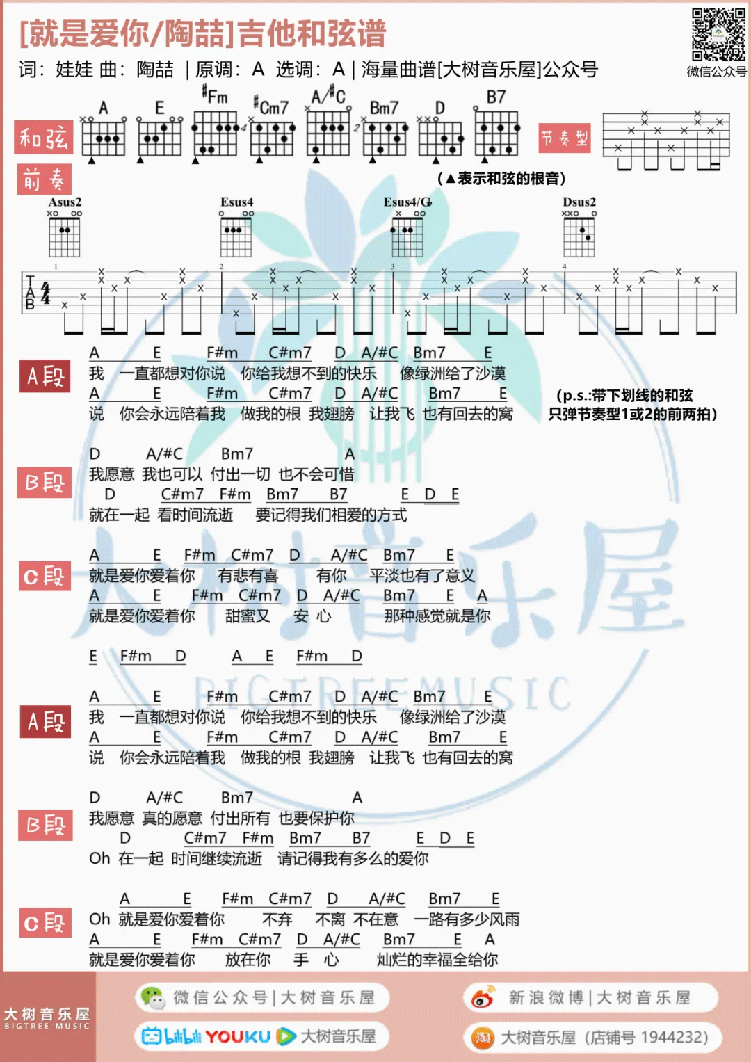 就是爱你吉他谱_陶喆_A调原版六线谱_吉他弹唱教学