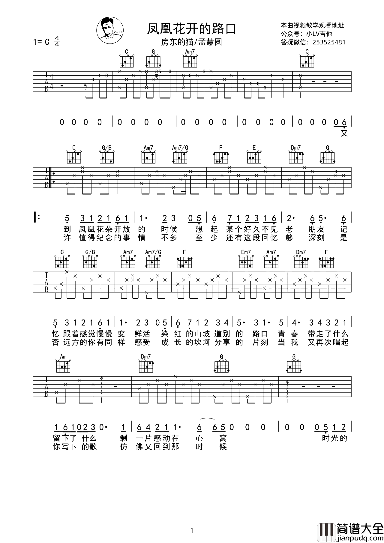 凤凰花开的路口吉他谱_房东的猫/孟慧圆__天赐的声音3_