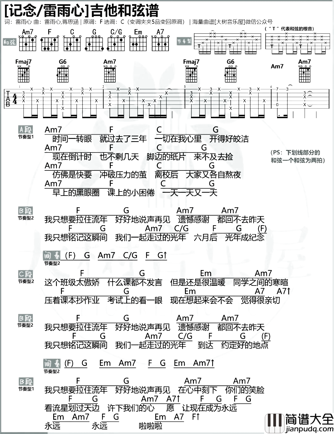 记念吉他谱_C调指法_雷雨心_吉他演示/教学_怀念青春