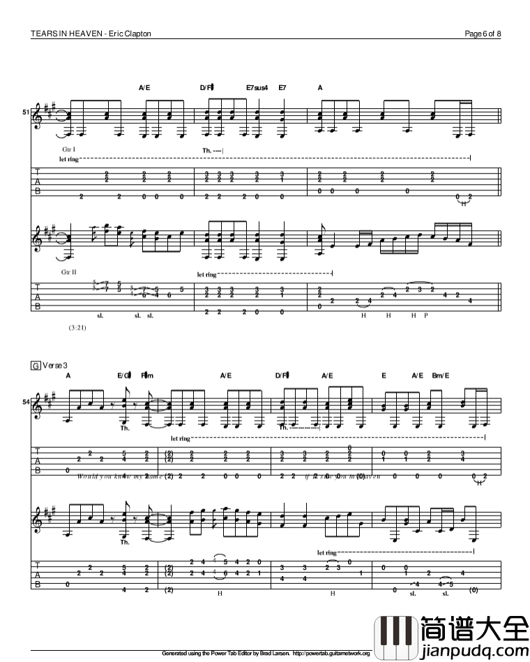 泪洒天堂指弹谱_原调六线谱_精选版_Eric_Clapton
