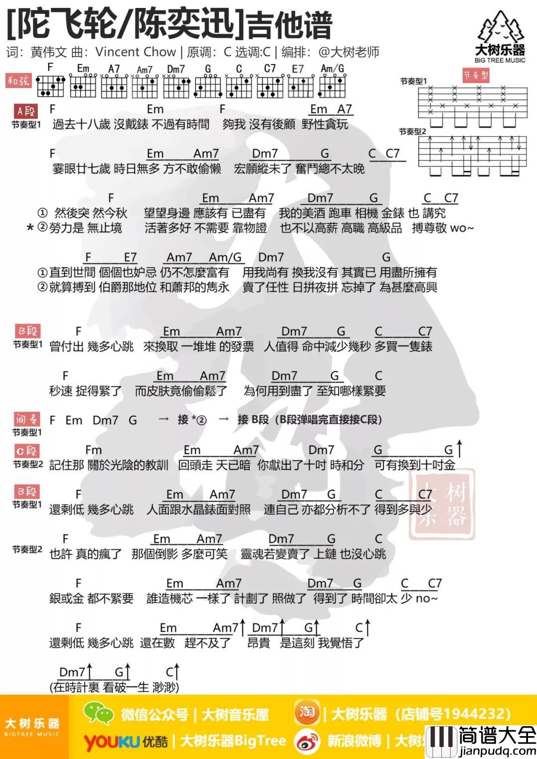 大树音乐屋陀飞轮吉他谱_C调和弦谱_大树音乐屋编配_陈奕迅