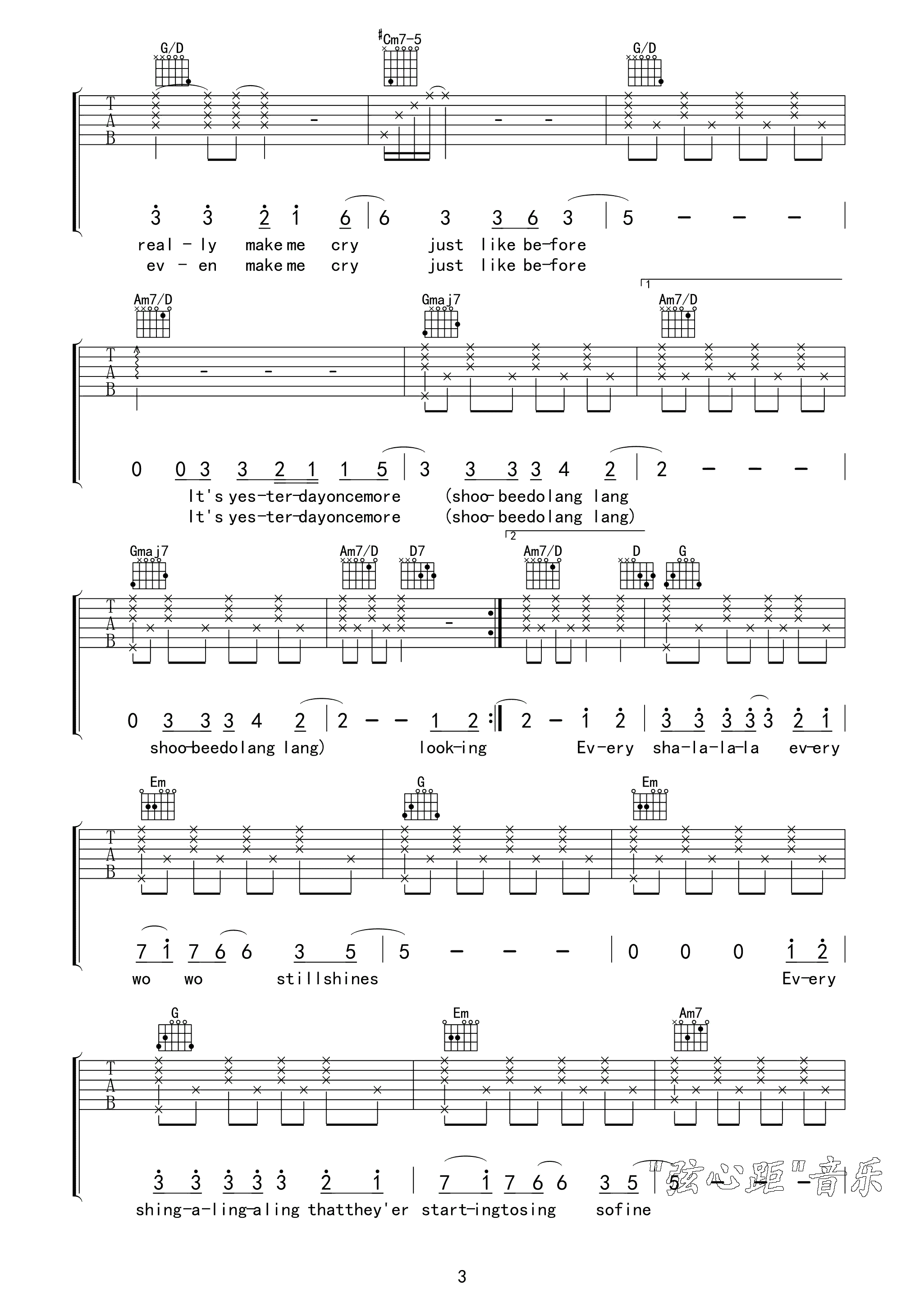 Yesterday_Once_More吉他谱_G调高清版_弦心距编配_carpenters