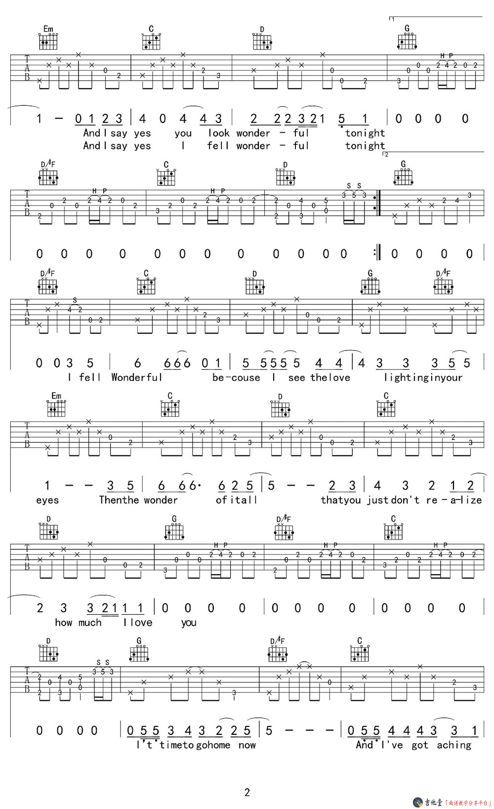 Wonderful_Tonight吉他谱_G调附前奏_八音阁编配_Eric_Clapton