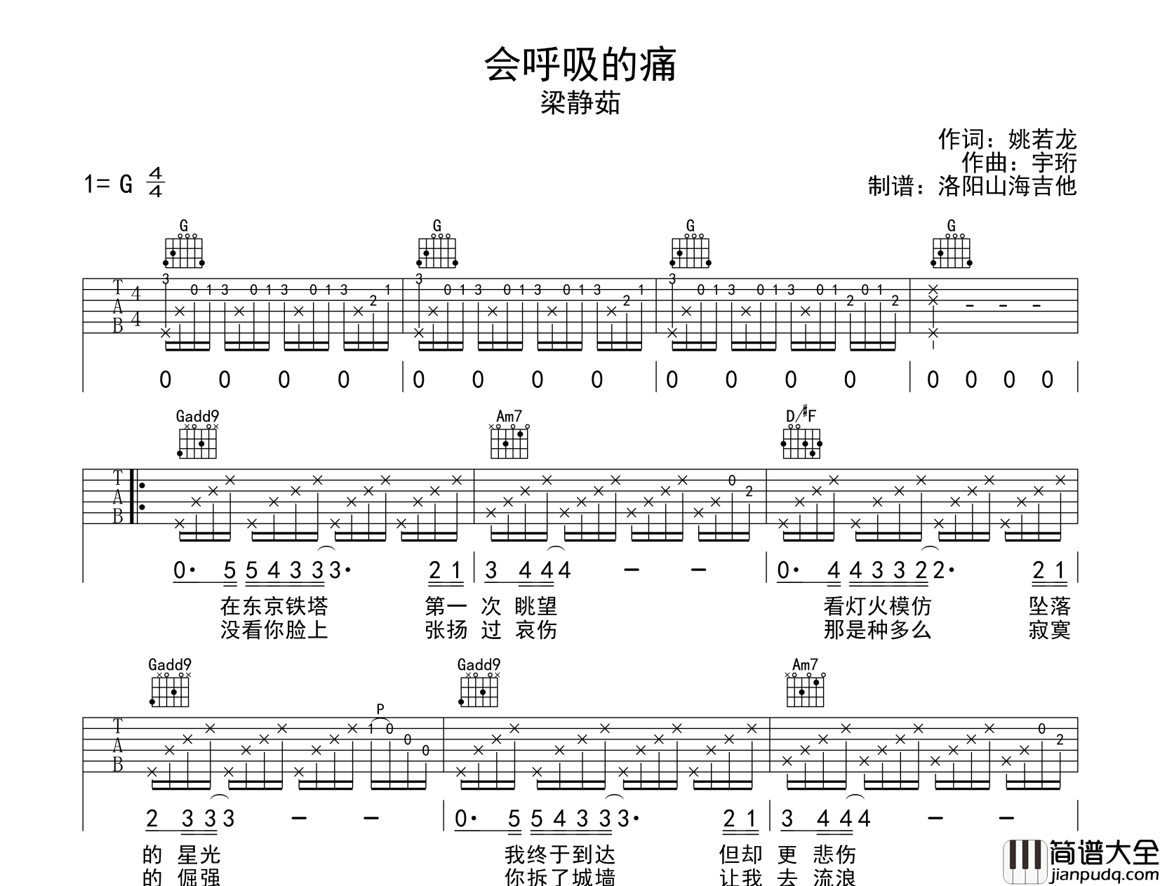 梁静茹_会呼吸的痛_吉他谱_G调吉他弹唱谱