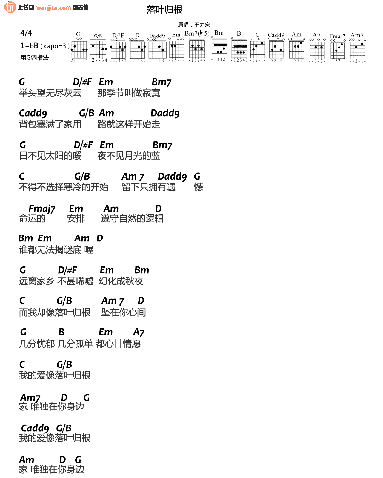 _落叶归根_吉他谱_王力宏_G调指法和弦谱_附弹唱演示