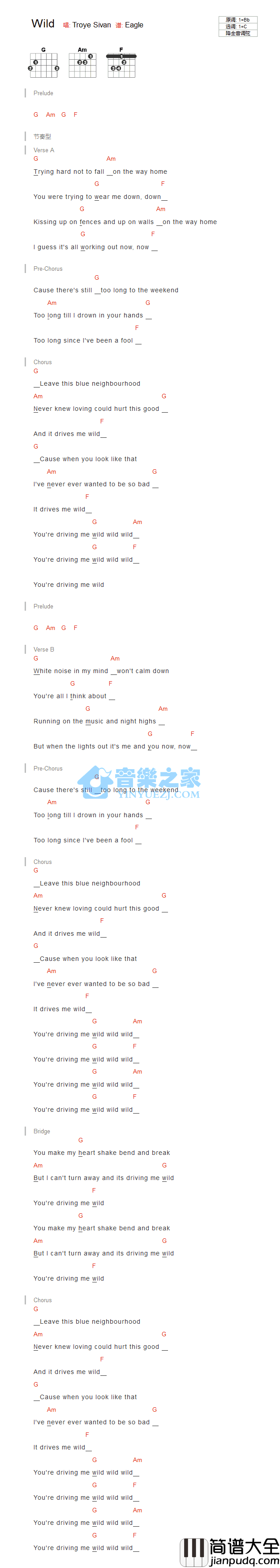 wild吉他谱_C调和弦谱_音乐之家编配_Troye_Sivan