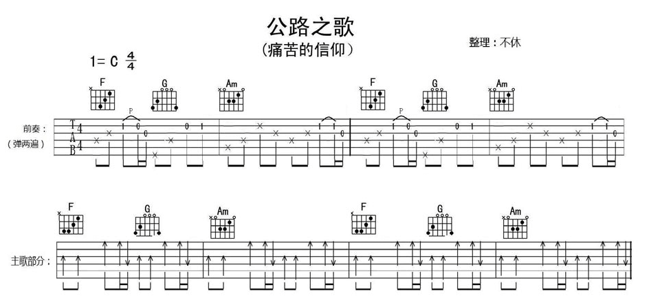 公路之歌吉他谱_C调附弹唱视频_不休编配_痛仰乐队
