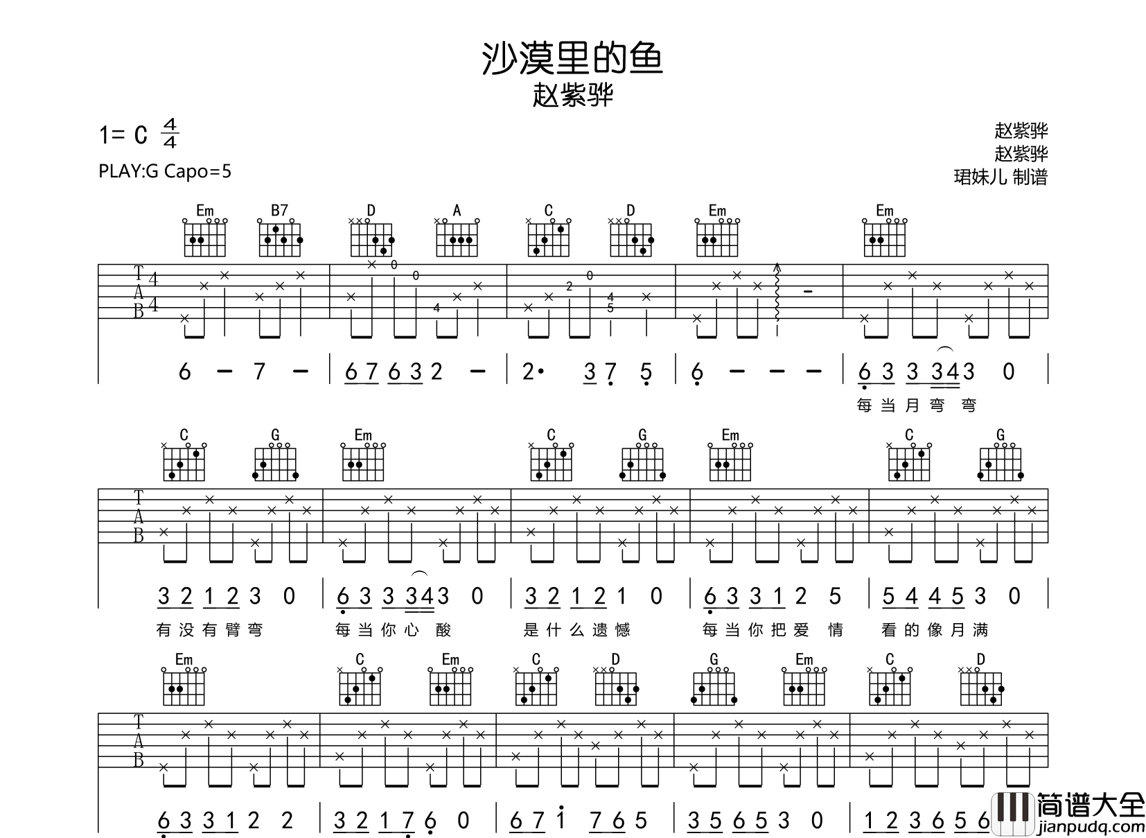 沙漠里的鱼吉他谱_赵紫骅_G调原版吉他谱