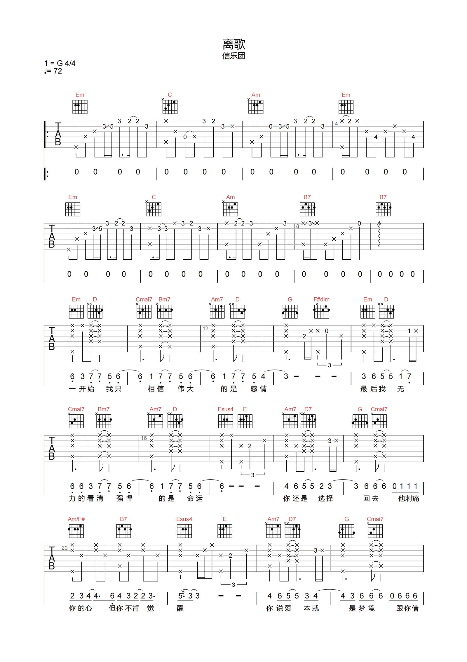 离歌吉他谱_信乐团_G调超原版_附PDF图片谱