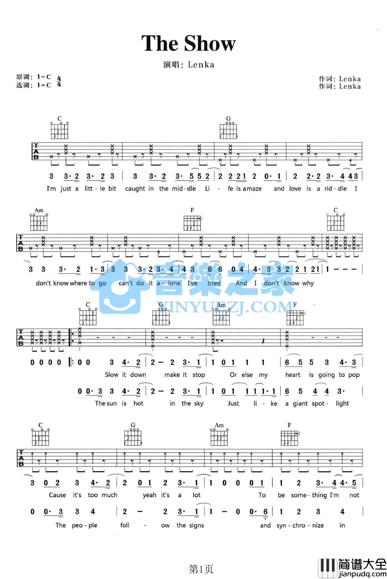 The_Show吉他谱_C调简单版_音乐之家编配_Lenka