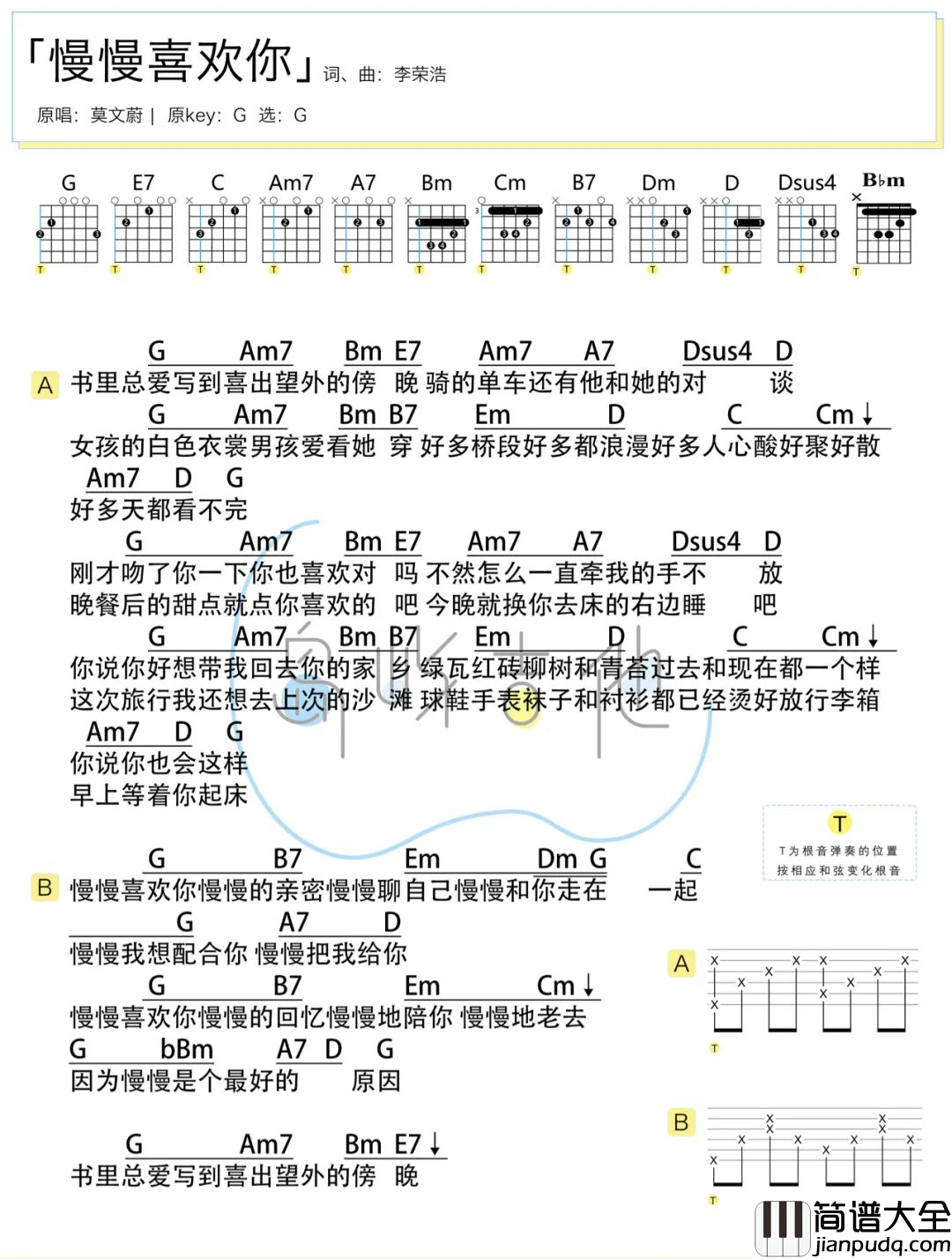莫文蔚_慢慢喜欢你_吉他谱_G调简易版弹唱谱_附教学视频